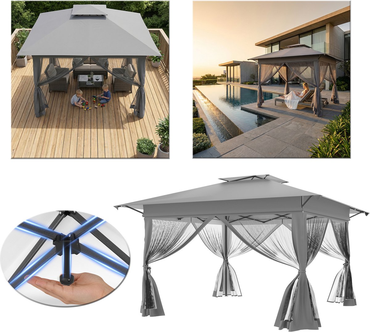 Froadp 4x4m Grijs Opklapbare Pop-up Paviljoen, Eén Knop Installatie Feesttent met Ventilatie, Dubbel Dak Tuintent met Muggengaas, Hoogteverstelbaar Paviljoen, UV-Bescherming, Incl Tas