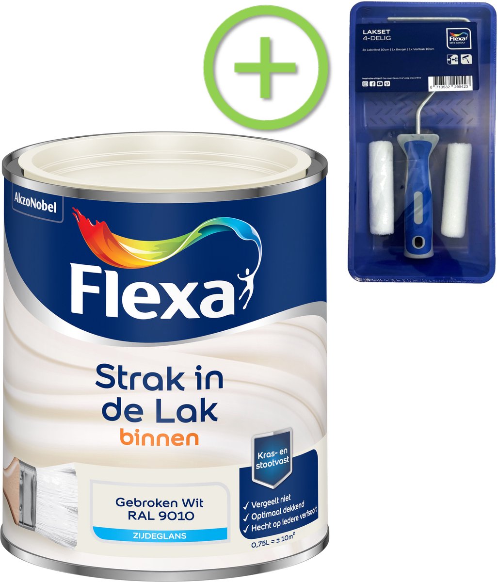 Voordeelpakket Flexa Strak In De Lak - Watergedragen - Gebroken Wit - 750 ML + Lakroller - 4 Delig