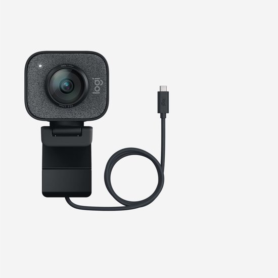 Webcam Logitech StreamCam avec câble USB-C sur fond blanc.