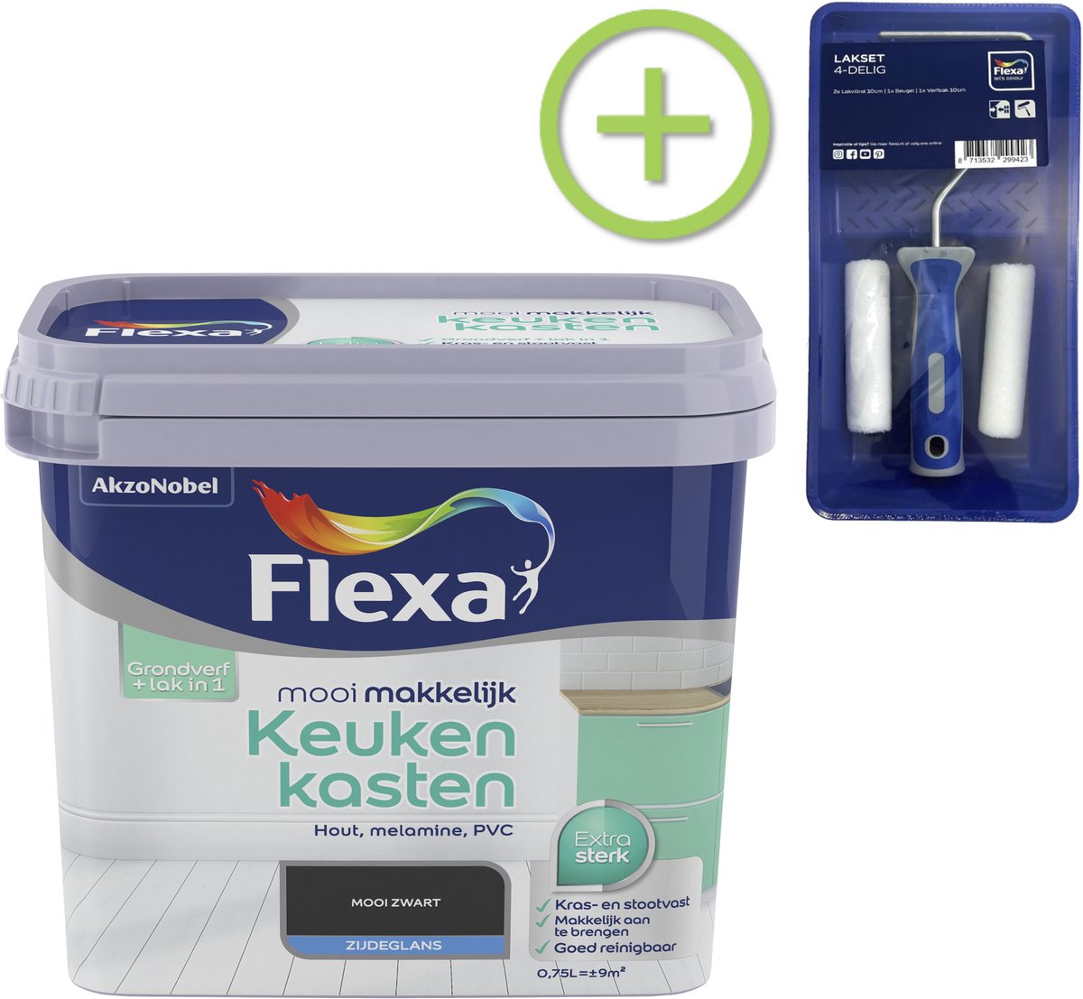 Voordeelpakket Flexa Mooi Makkelijk - Lak Keukenkasten - Mooi Zwart - 750 ML + Lakroller - 4 Delig