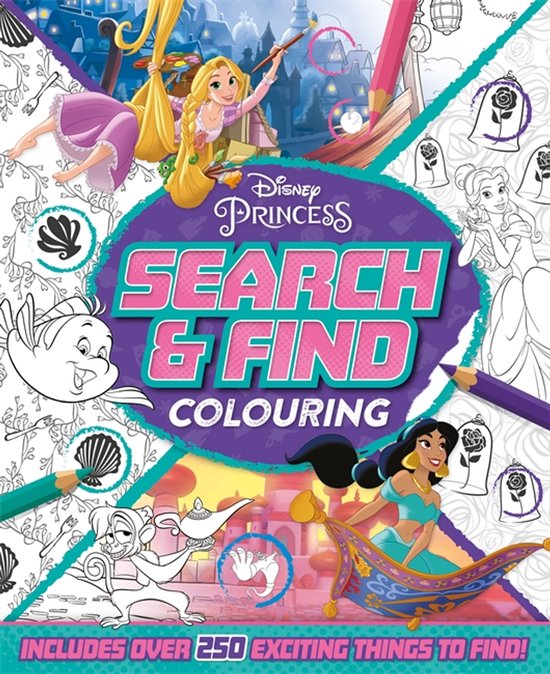 Disney Princess: Zoek & Vind Kleurboek met Rapunzel, Jasmine, Belle, Ariel en Flounder.