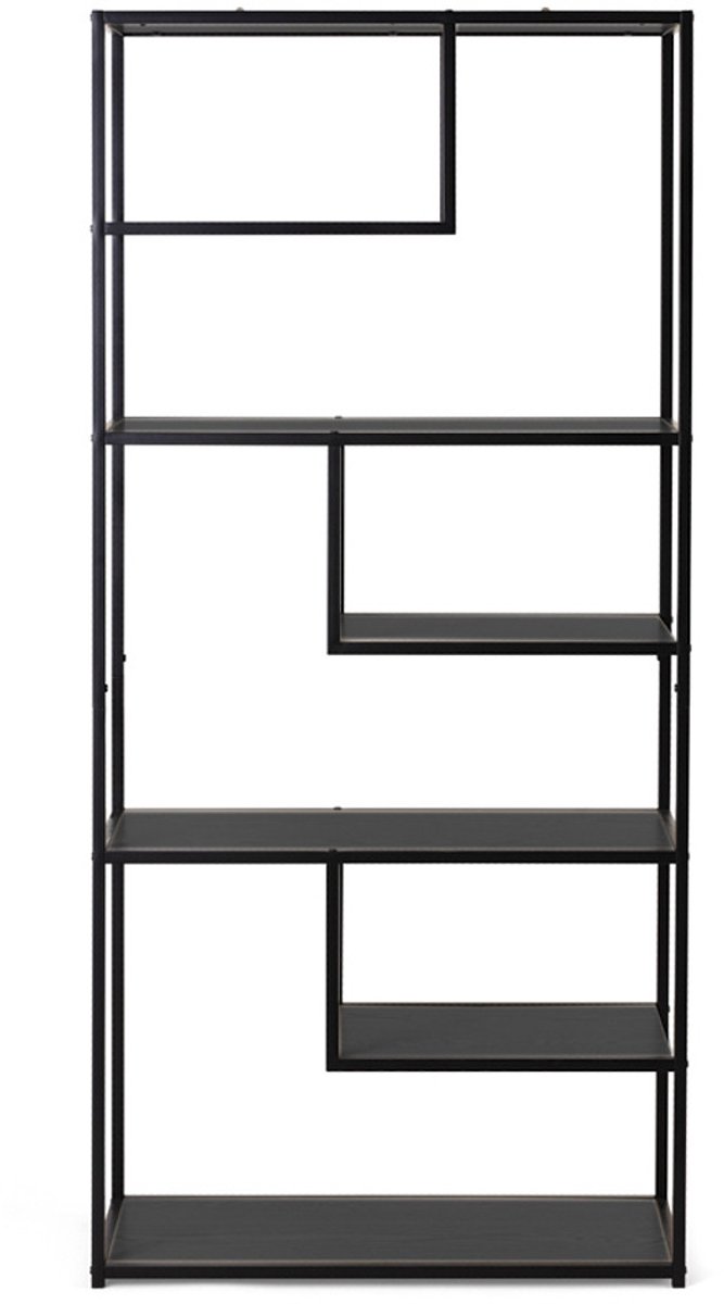 Lifa Living - Open Wandkast Saint-Tropez - Zwart - MDF & Metaal - 7 Legplanken - Draagcapaciteit 55 kg - Functioneel & Stijlvol - Asymmetrisch Design - 82 x 34 x 175 cm