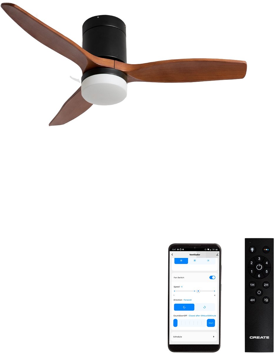 CREATE - Stille 40W plafondventilator met technische ABS bladen in verschillende maten - S - Met licht - WIFI - WIND CALM
