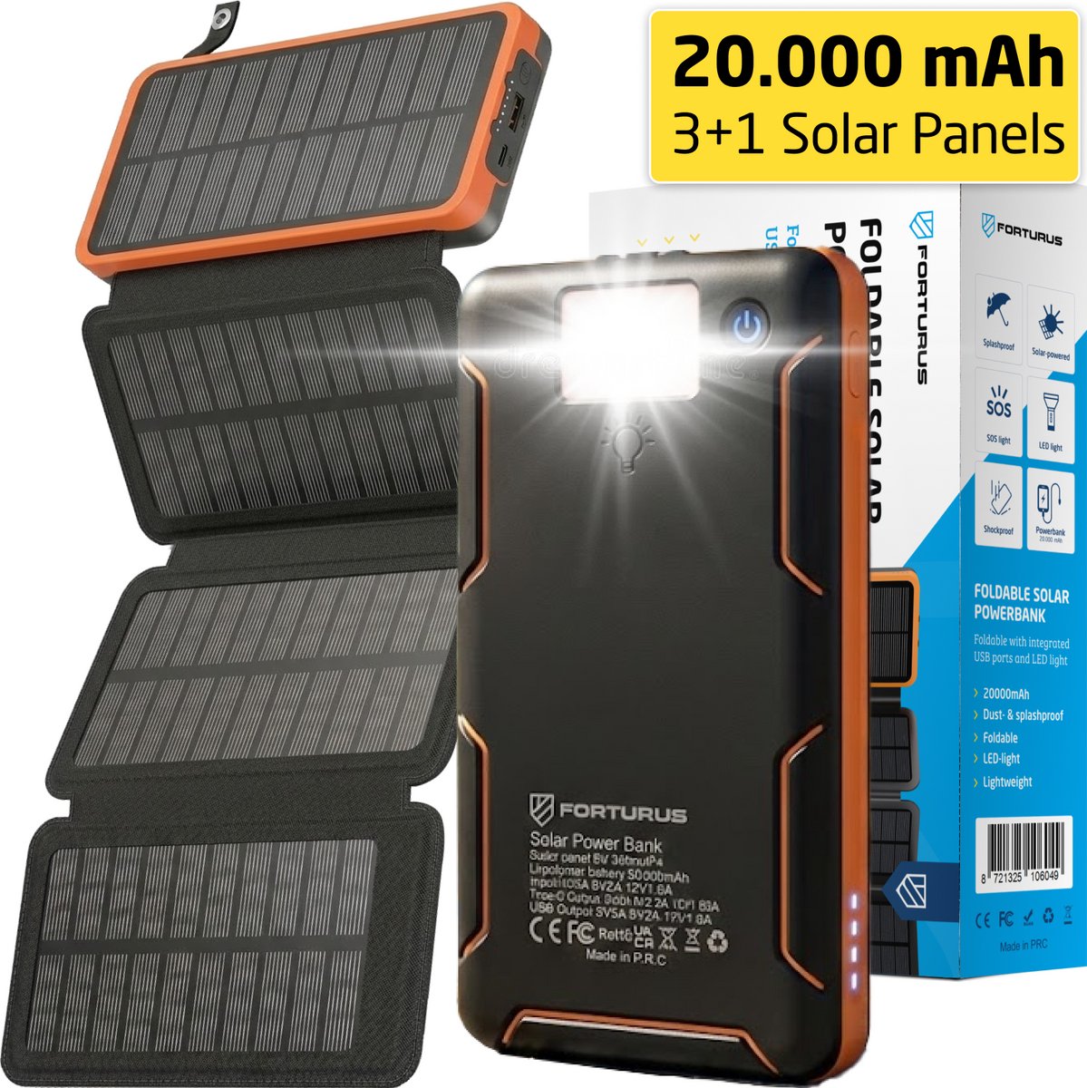 Forturus Solar Powerbank 20.000 mAh met 4 Uitvouwbare - Forturus® - €59,90