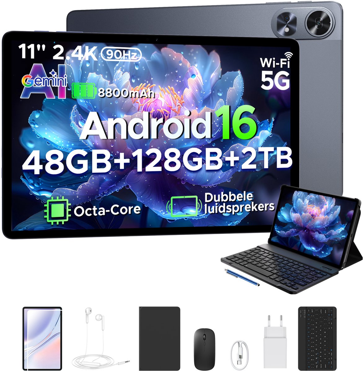 POCKAM P11 Pro - Tablet - 48 GB RAM (8+40 GB) + 128 GB ROM (2 TB/TF) - 11 inch FHD+ 90 Hz - Android 16 - 8800 mAh/18 W - T7250 - Dubbele luidsprekers - Gemini AI - Face ID - Widevine L1 - Complete accessoirebundel met toetsenbord en stylus - Grijs