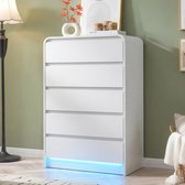 LED-commode met 5 lades, moderne opbergkast voor woonkamer en slaapkamer, hoogglans wit, 73x40x110 cm