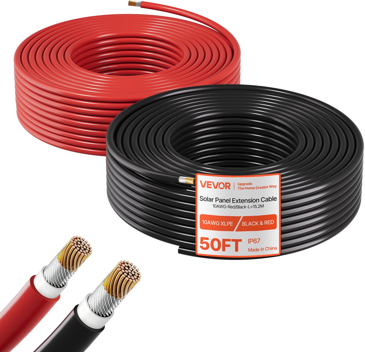 VEVOR Solar Kabelverlenging, 15,2 M Zwart & 15,2 M Rood, 10 Awg Solar Verlengkabel, Vertinde Koperkabel voor Off-Grid Fotovoltaïsche Systemen Op Huizen, Voertuigen, Campers, Boten, IP67