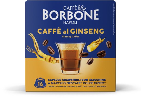 Gele doos met 'CAFFÈ BORBONE NAPOLI CAFFÈ AL GINSENG' en afbeelding van een kop koffie met ginseng, koffiebonen en stukjes ginseng.