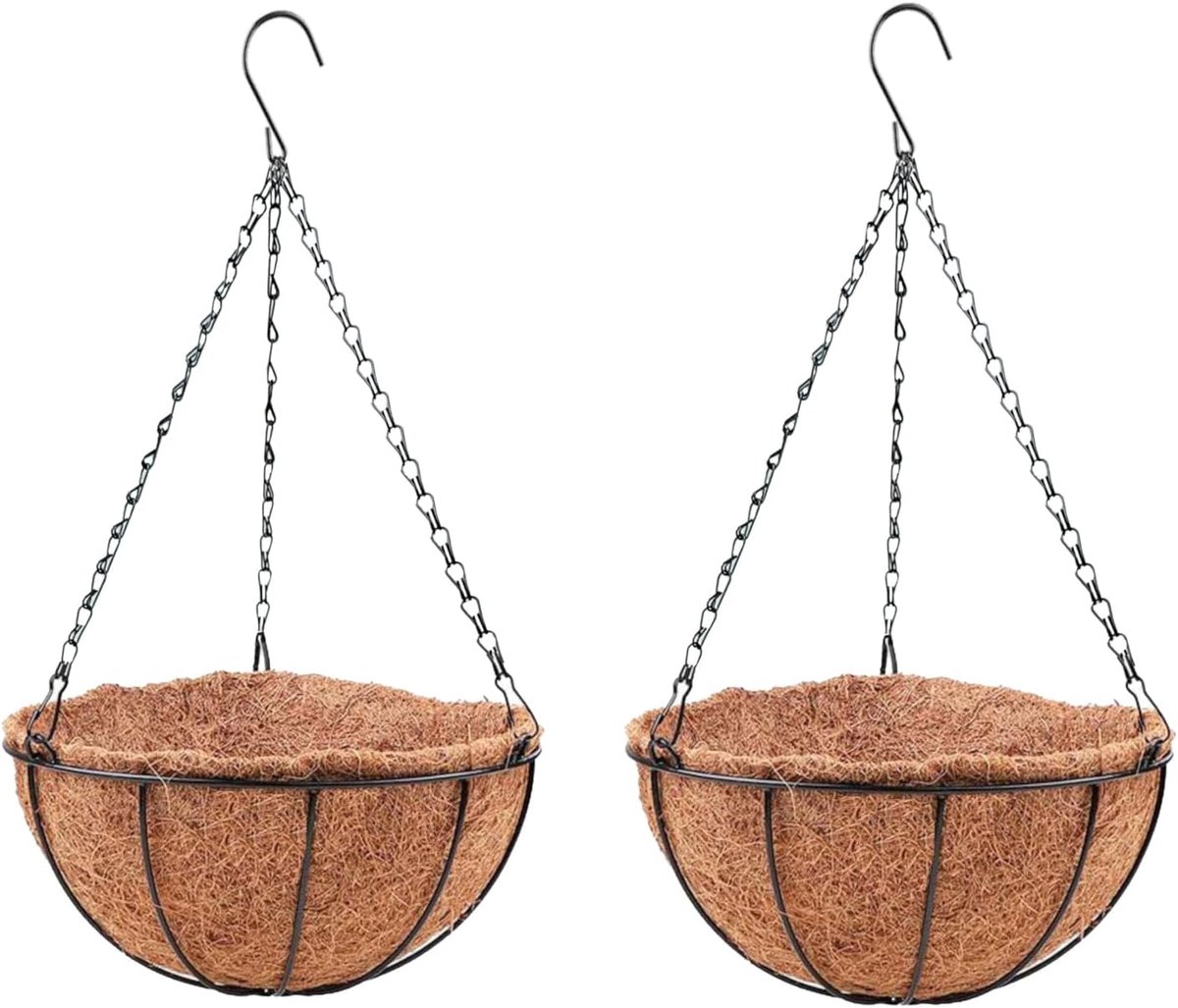 2 stuks Hangende Plantenpotten，met Kokosinleg, Metalen Hangmanden met Ketting en Haak, Ronde Bloempotten voor Balkon, Tuin, Terras en Veranda Decoratie