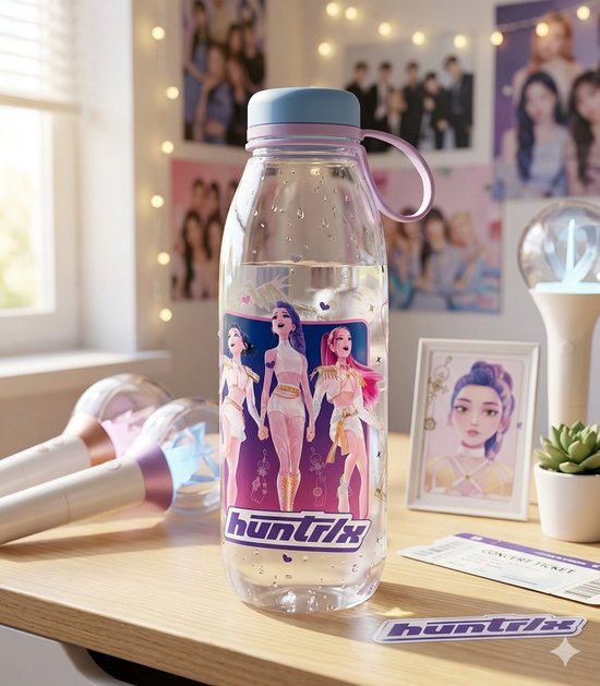 Transparante drinkfles met blauwe dop en paarse lus, gevuld met water. Opdruk met drie poppetjes en 'huntrix' op een bureau met concertspullen.