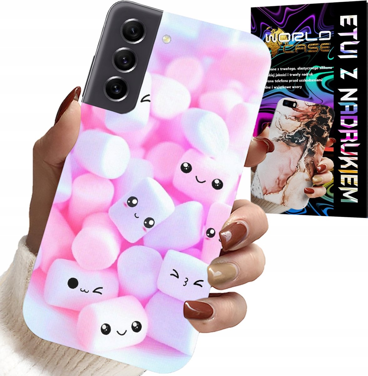 HOESJE VOOR SAMSUNG GALAXY S21 FE - PATROON 'Sweet Marshmallow', VOORKANT, ACHTERKANT
