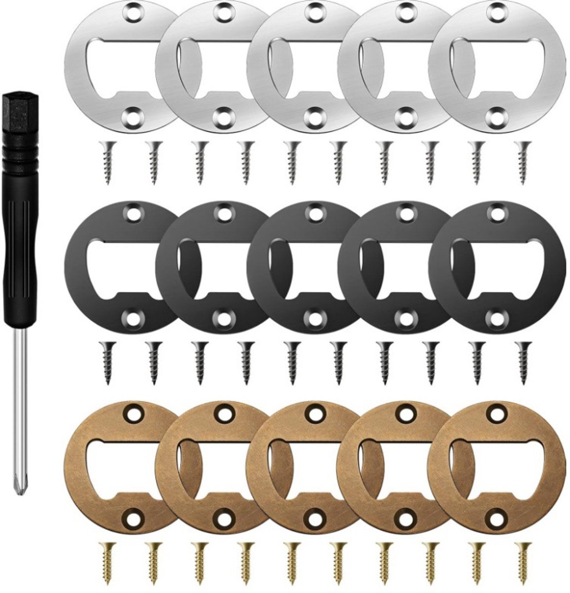 Oneay 15-delige set met inzetstukken voor flesopeners, ronde metalen inzetstukken voor flesopeners, inclusief schroeven en schroevendraaier, geschikt voor het zelf maken van flesopeners.