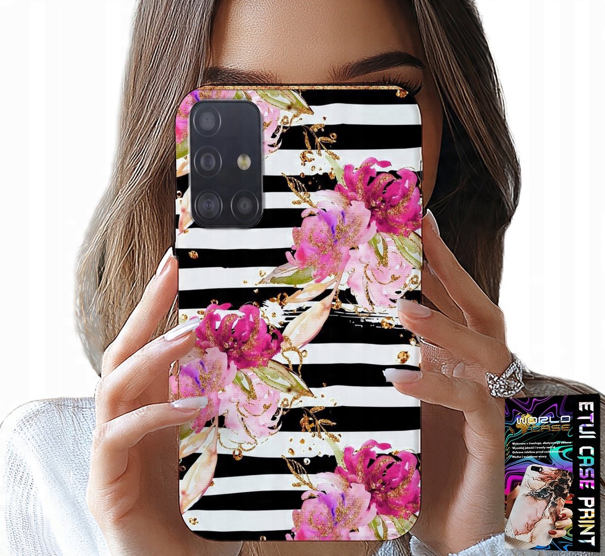 HOESJE VOOR SAMSUNG GALAXY A51 - BLOEMENPATROON IN ZWART-WIT GESTREEPT