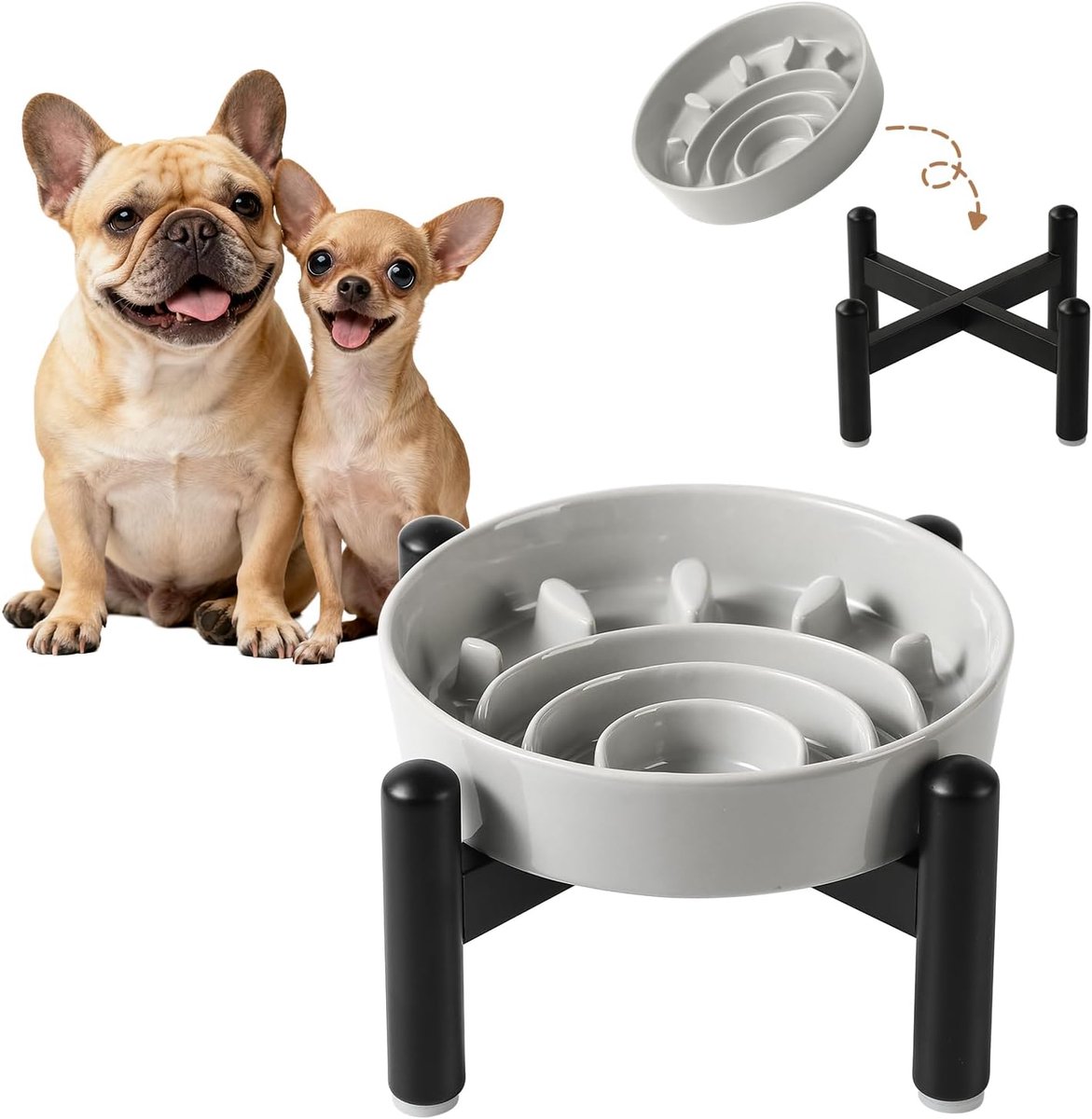 Verhoogde voerbak - Honden voerbak - Langzaam eten - Labyrint ontwerp - 16 cm - Grijs