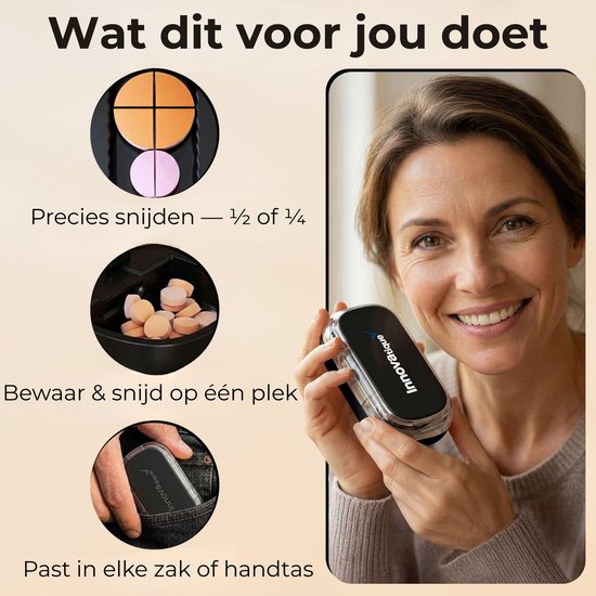 Pillensnijder met Pillendoos 2-in-1 – Kleine & Grote Pillen – Snijdt in ½ & ¼ – Compact & Gebruiksvriendelijk – BPA-vrij – Zwart