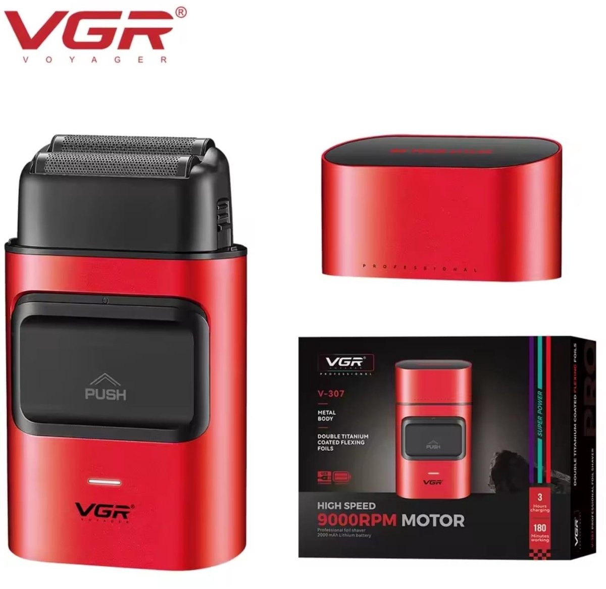VGR V-307 Scheerapparaat – Elektrische Folieshaver – 9000 RPM – Snelladen (3 uur) – 180 min gebruik – Rood/Zwart — afbeelding 1