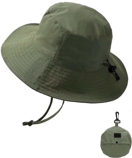 Olijfgroene bucket hat met afgeronde rand, touwtje en opvouwbaar etui.