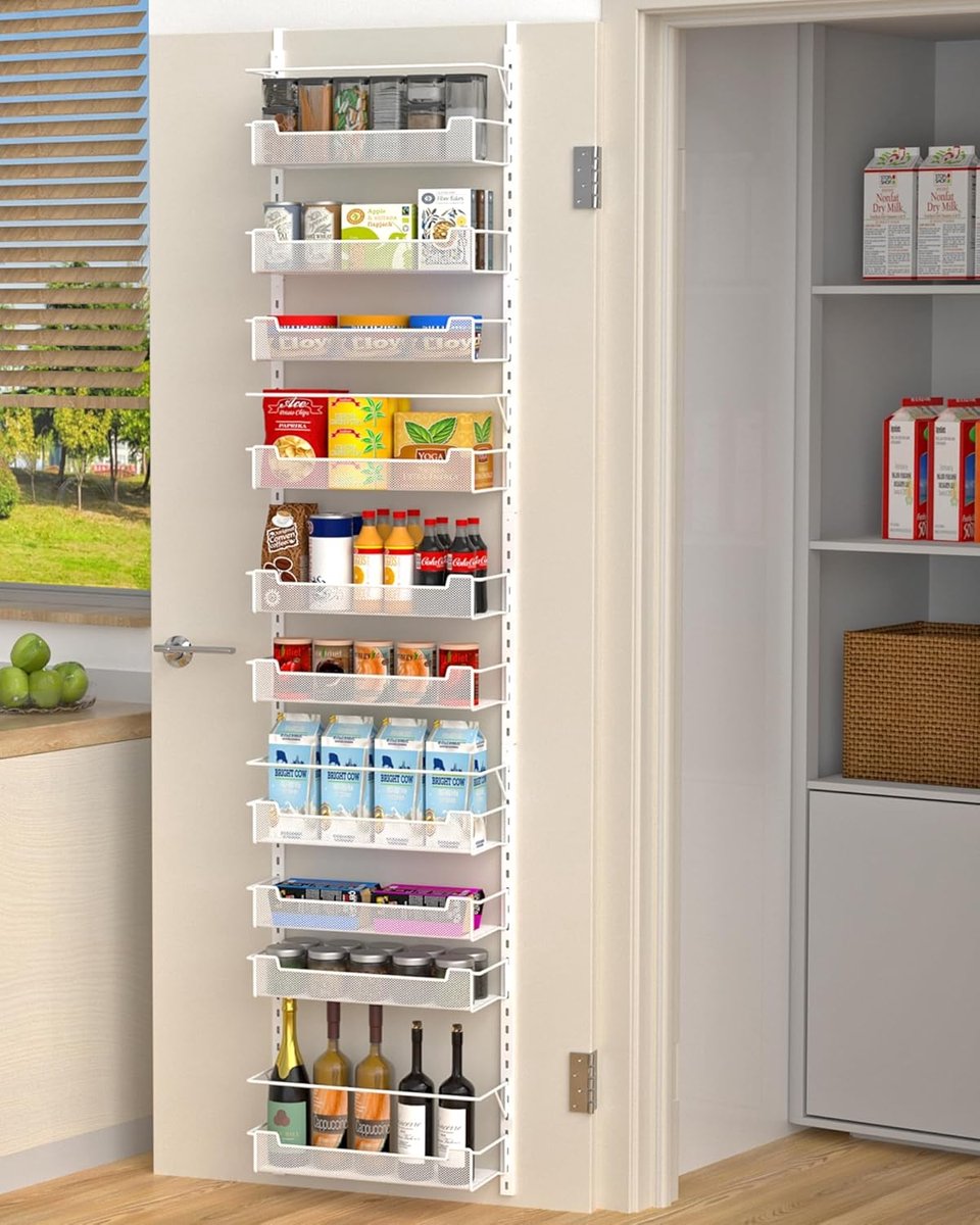 Opbergrek boven deur - Keuken organizer - Voorraadkast indelen - 10 verstelbare manden - 198H x 42B cm - Wit