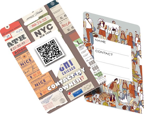 Twee bagagelabels in retrostijl met vluchtinformatie, stadnamen en QR-code. Achterkant met reizigersillustratie en contactgegevens.