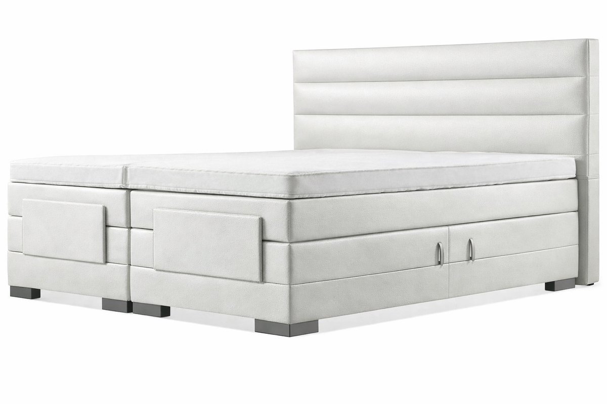 Elektrische Boxspring - 70x210 - Incl. Horizontaal hoofdbord - Wit lederlook met plint