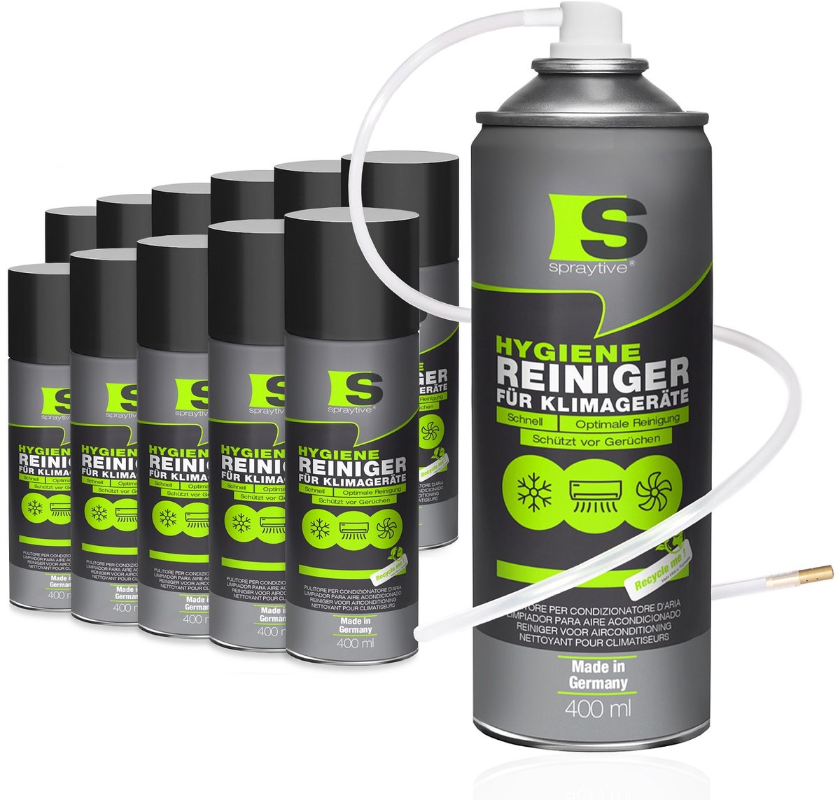 Spraytive 12x 400ml airco reiniger airco spray geurverwijderaar voor auto en huis reinigt ventilatie zonder demontage met slang