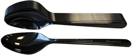 Empilage de cuillères noires réutilisables en plastique de 18 cm. Les cuillères ont une finition brillante et le texte 'Reusable'.