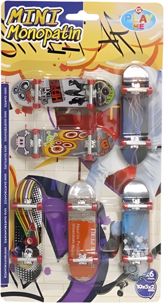 Gerimport Vinger skateboard 6x stuks grafische print 10 x 3 cm uitdeel cadeau Multicolor