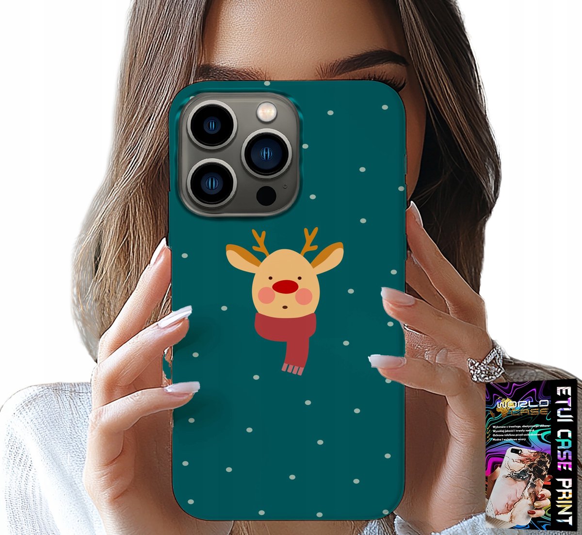 iPhone 15 Pro hoesje - Rendier op een groene achtergrond, kerstpatroon