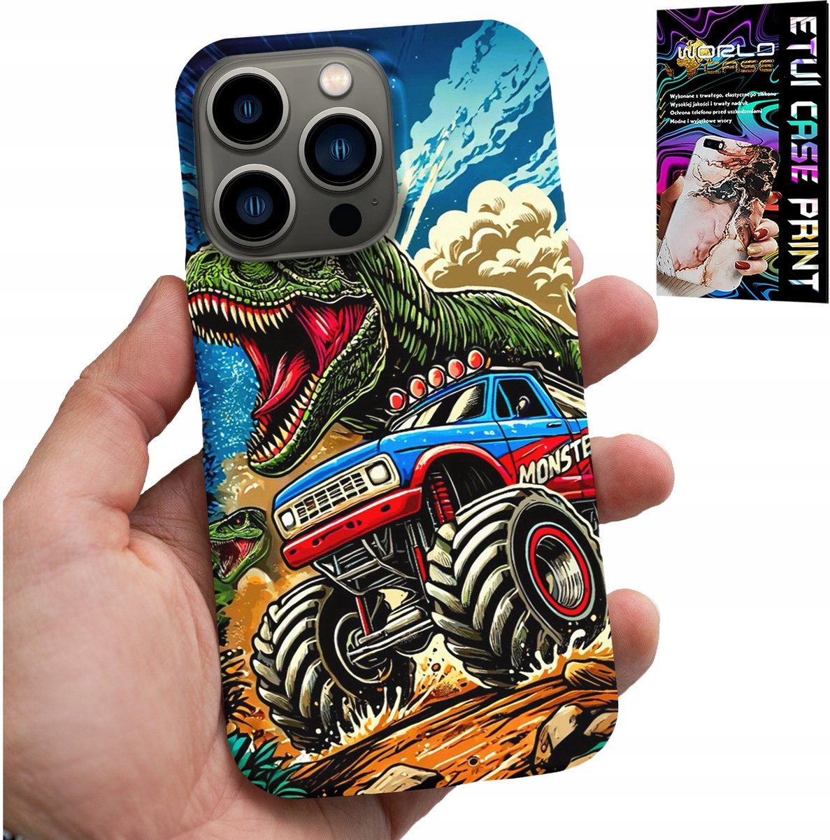iPhone 15 Pro hoesje - Dinosaurus in Monstertruck patroon voor kinderen