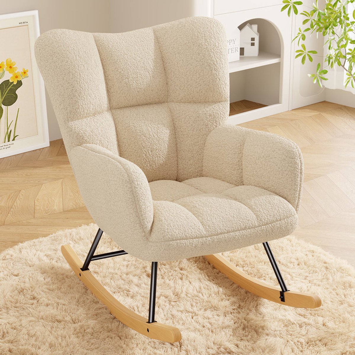 Schommelstoel – Teddy Bouclé Fauteuil Schommelstoel, Comfortabele Loungestoel met Houten Onderstel en Metalen Frame, Zachte Pluche Stoel voor Woonkamer, Slaapkamer, Kinderkamer,beige