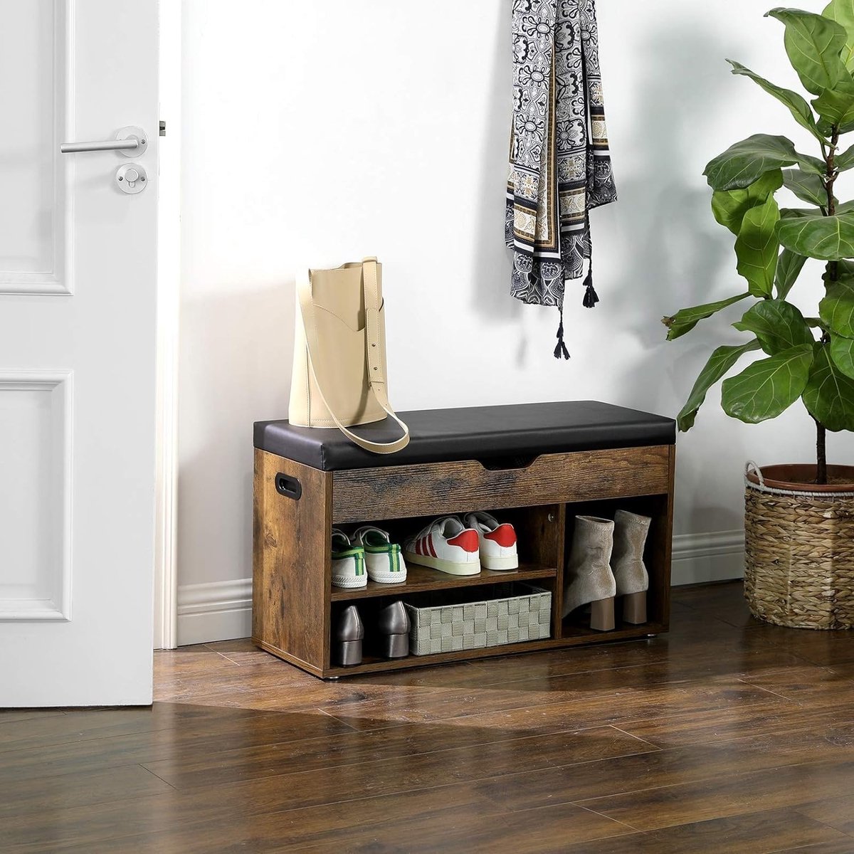 Dutch Wanted - schoenenbank - schoenenbank met zitkussen - halbank - schoenenkast - schoenenrek - bruin - hout - 80x30x44 CM