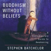 Boek 'Buddhism Without Beliefs' met op de voorkant een gouden beeld van een persoon in een boot die roeit met een stok. Blauwe achtergrond.