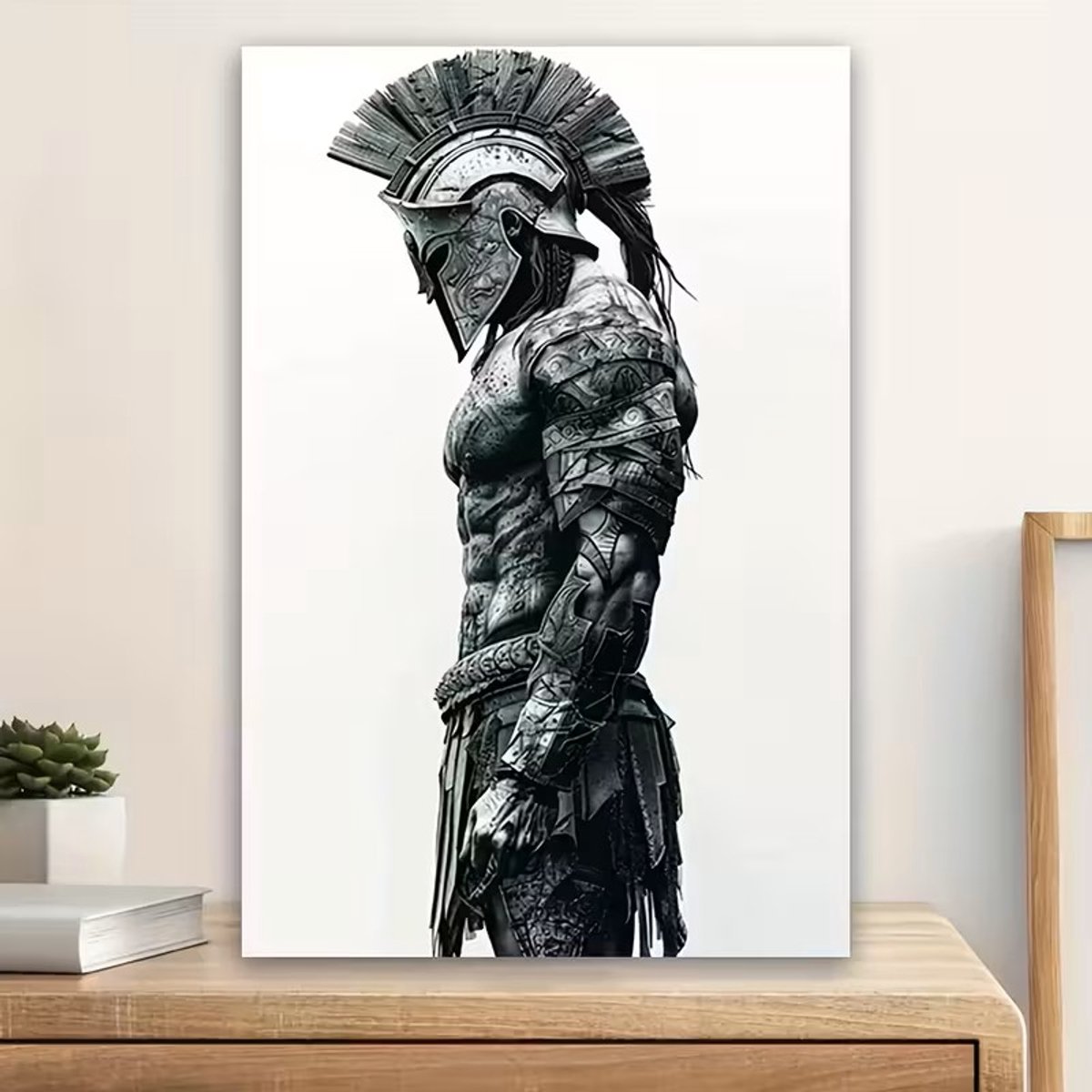 Canvas poster - Spartaanse krijger - Zwart wit warrior - Minimalistische kunst - Stoere wanddecoratie - 30x45 cm - Zonder lijst - trendy
