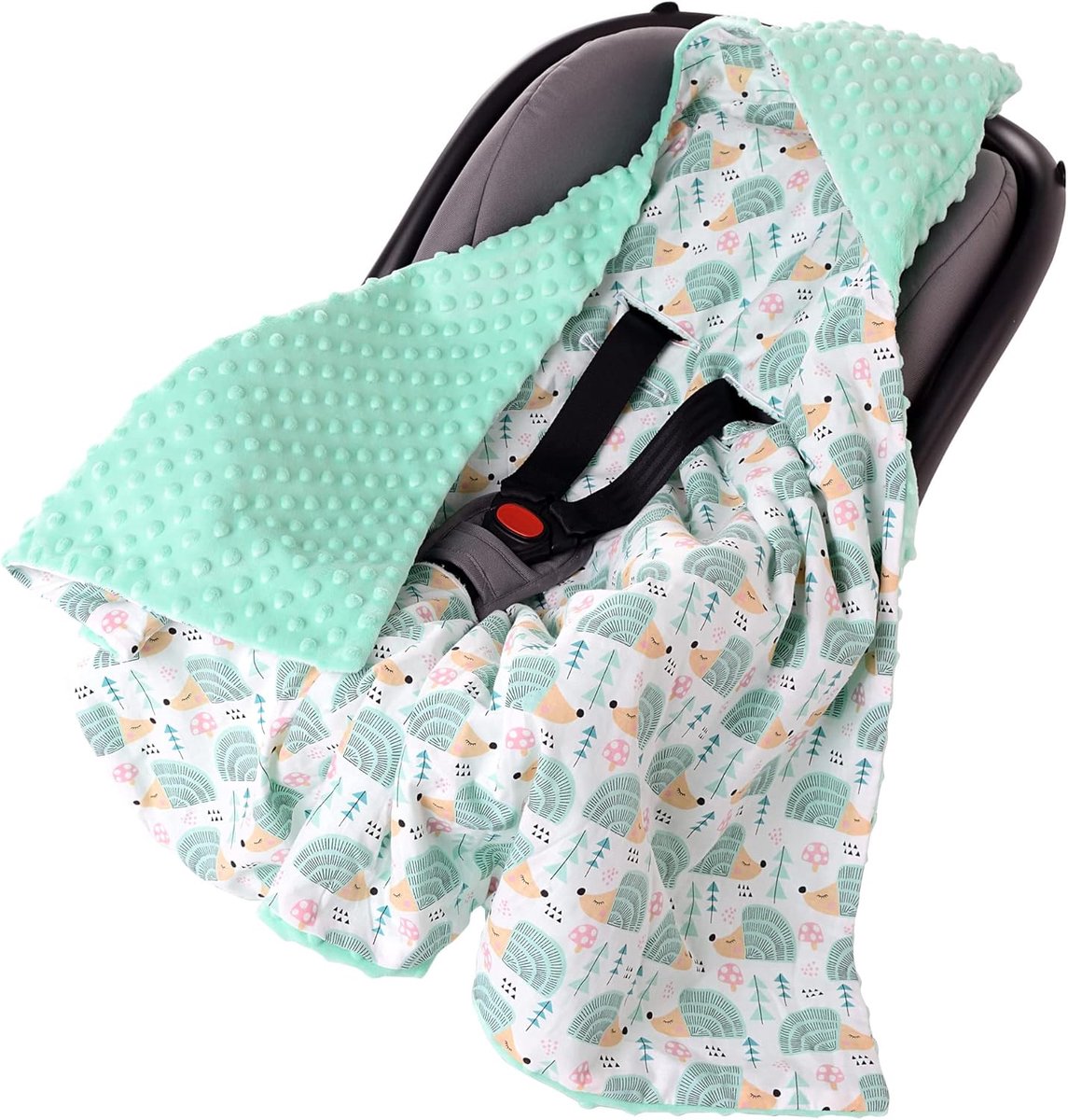 Inbaker Deken - Wikkeldoek met capuchon - Baby Comfort - Dubbelzijdig katoen Minky - 85x85 cm - Mint krullen