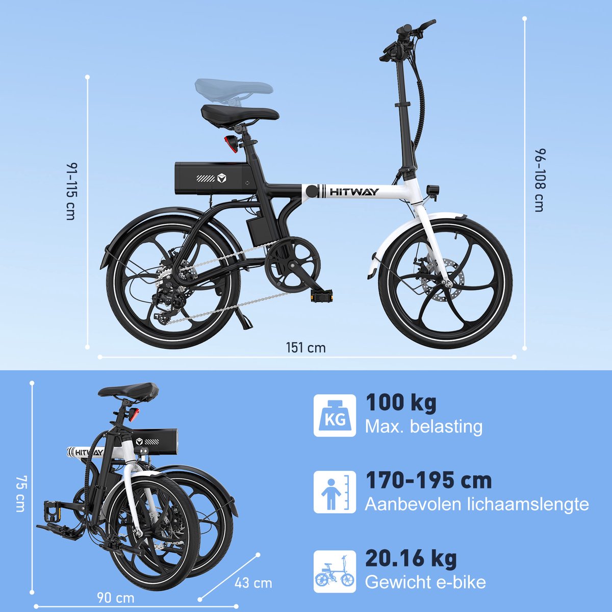 Hitway Elektrische Fiets BK35S Pro - Trendy 20 Inch City Commuter EBike met Afneembare 36V 9Ah Lithium Batterij - Opvouwbaar E-Bike met 250W Motor - APP Bediening - IP54 Waterdicht – foto 5