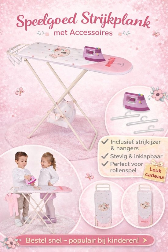 Speelgoed strijkplank met accessoires, inclusief strijkijzer, 3 hangers en strijkplankhoes met koala-print.