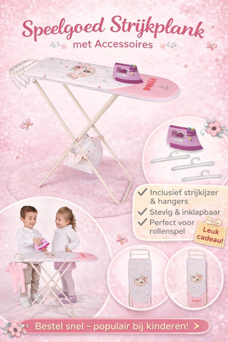 Speelgoed - Strijkplank (opvouwbaar) met strijkijzer en 3 plastic hangers - DeCuevas - Stoffen opbergzakje onderaan de strijkplank