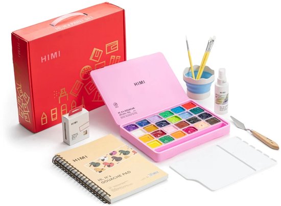 Set met roze open etui met 24 gouache kleuren, rode doos, notitieboek, flesje spray, palet en kwasten.