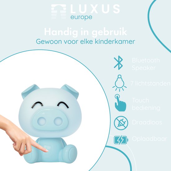 Luxus Nachtlamp Kinderkamer Piggy - Blauw - Nachtlampje baby - Voor kinderen - Slaapkamer - 7 kleuren licht - RGB - Bluetooth speaker - Draadloos - Oplaadbaar van Merkloos — afbeelding 3