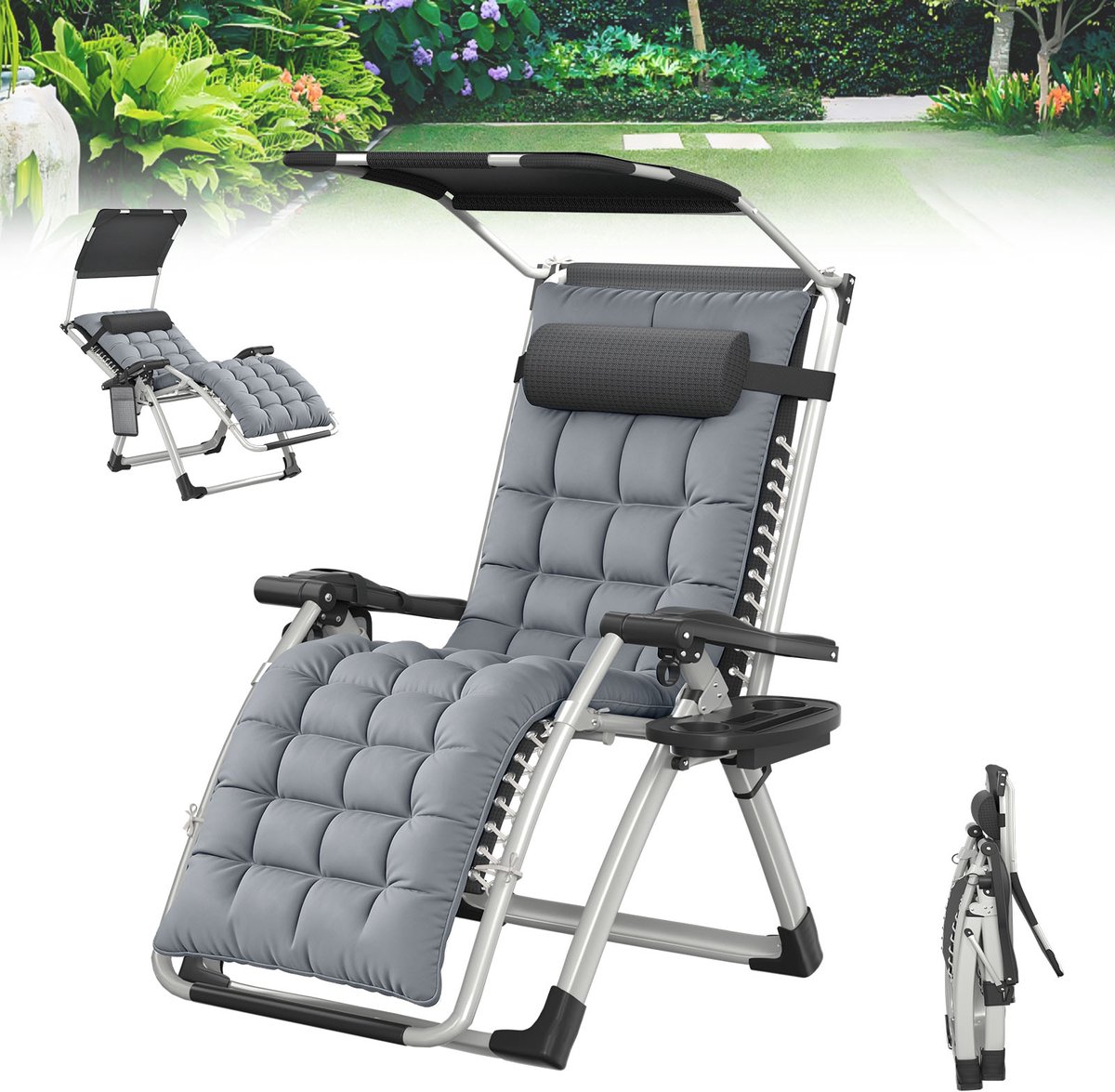 Froadp Grijs Ligstoel, tuinstoel, opklapbare tuinstoel, tuinstoel met kussen en hoofdsteun