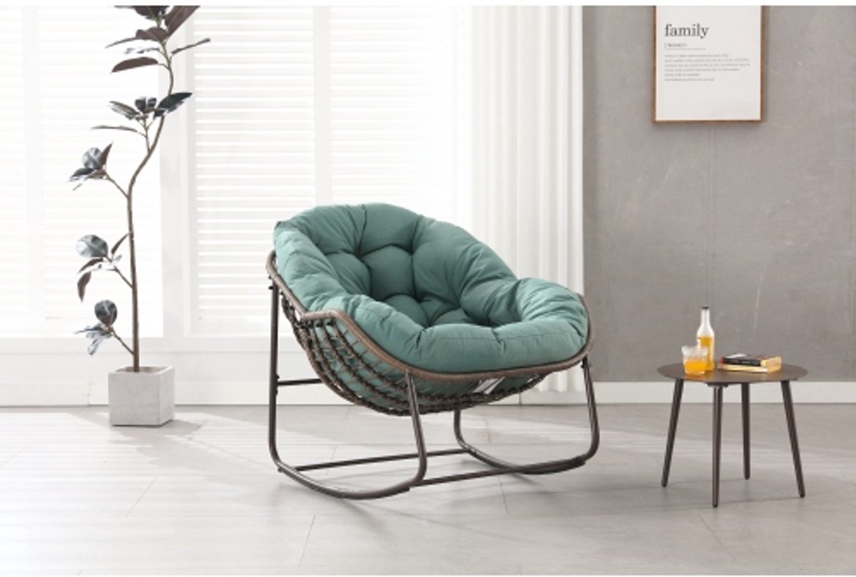 Schommelstoel voor buiten - oversized wicker egg rocking chair met dik kussen - comfortabele lounge stoel voor balkon, veranda, tuin, terras en binnen - lichtgroen
