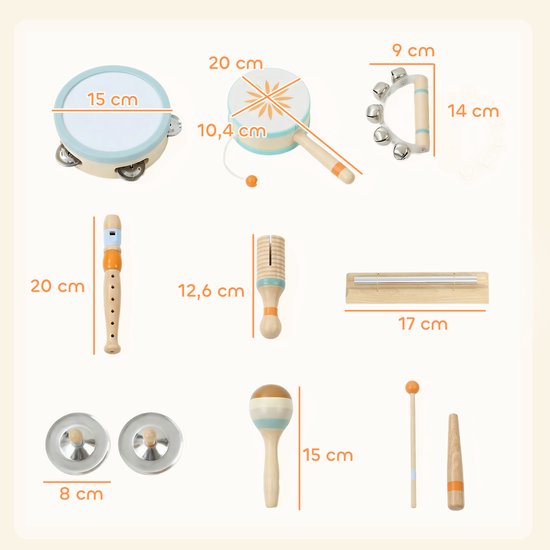 Een set muziekinstrumenten van hout, inclusief trommel, fluit, maracas, tamboerijn, xylofoon en meer.
