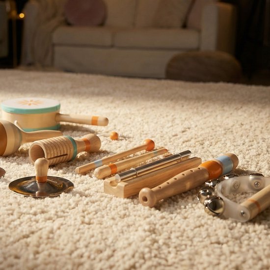 Houten muziekinstrumenten liggen op een zacht tapijt, waaronder een tamboerijn, maracas en een fluit.