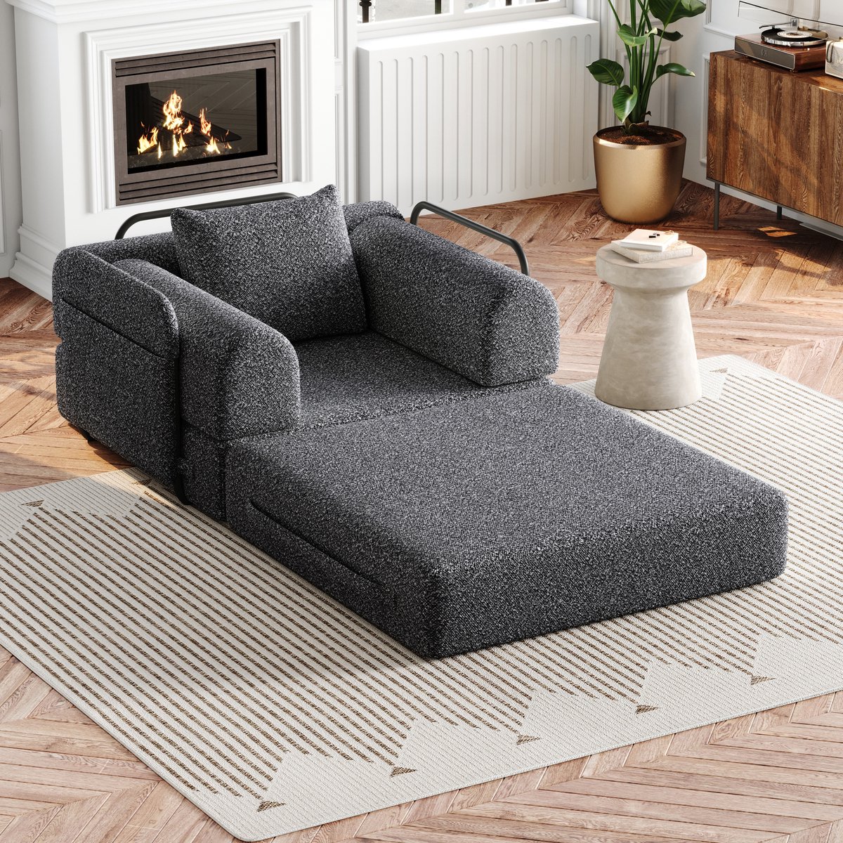 MODFU 2-In-1 Slaapbank - Met Armleuningvak En Stalen Frame - Modulair - Voor Woonkamer - Chenille - Grijs