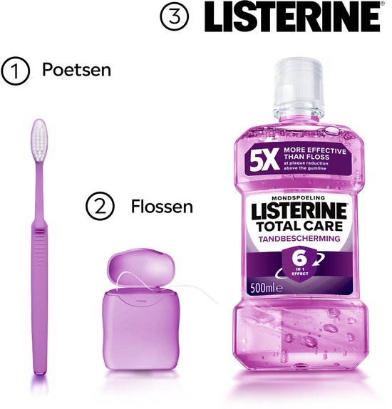 Listerine Total Care: 1. Poetsen, 2. Flossen, 3. Listerine. Paarse mondspoeling in 500ml fles.