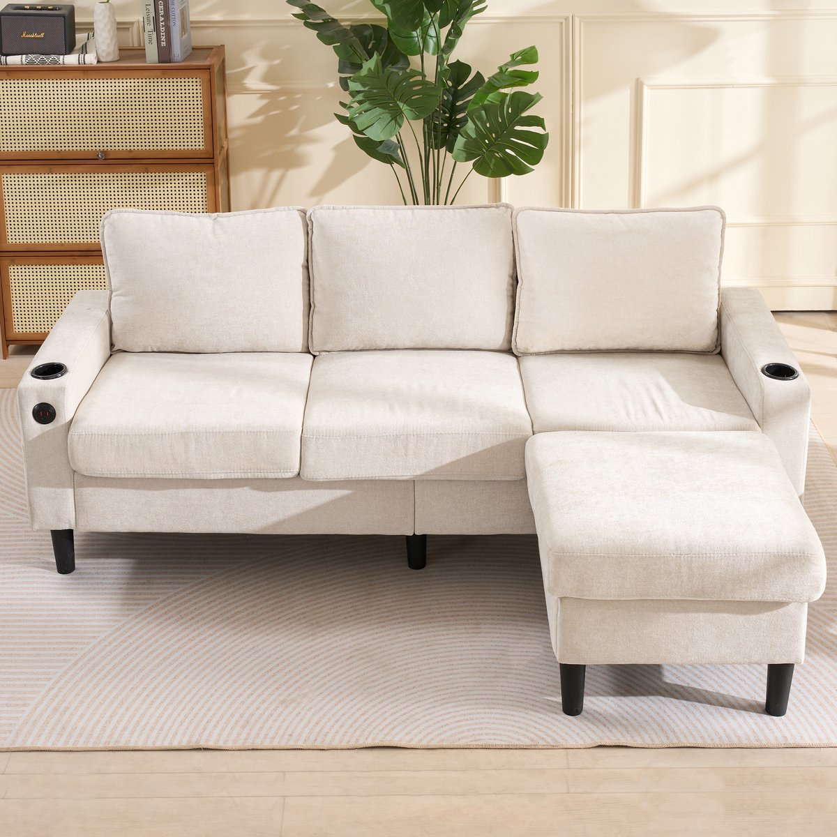 MODFU Hoekbank - Met USB-En Type-C-Aansluitingen En Bekerhouders - Modern - Voor Woonkamer - Linnen - Beige - 202 X 137 X 80 Cm
