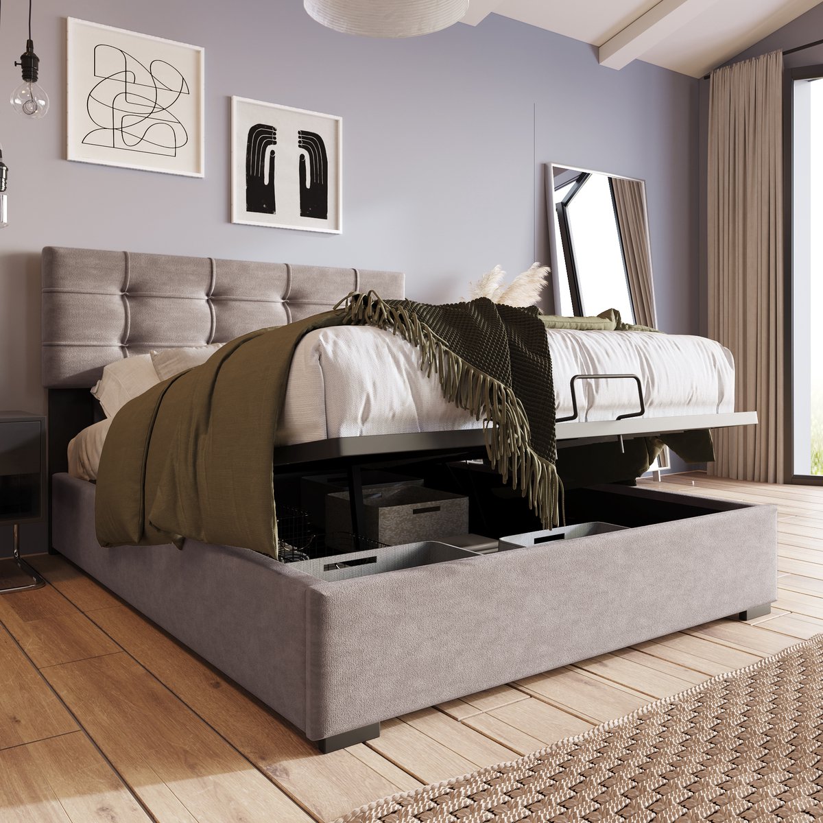 MODENUIT Gestoffeerd Bed 90x200 cm – Met Matras – Verstelbaar Hoofdbord – Opbergruimte – Fluweel – Lichtgrijs