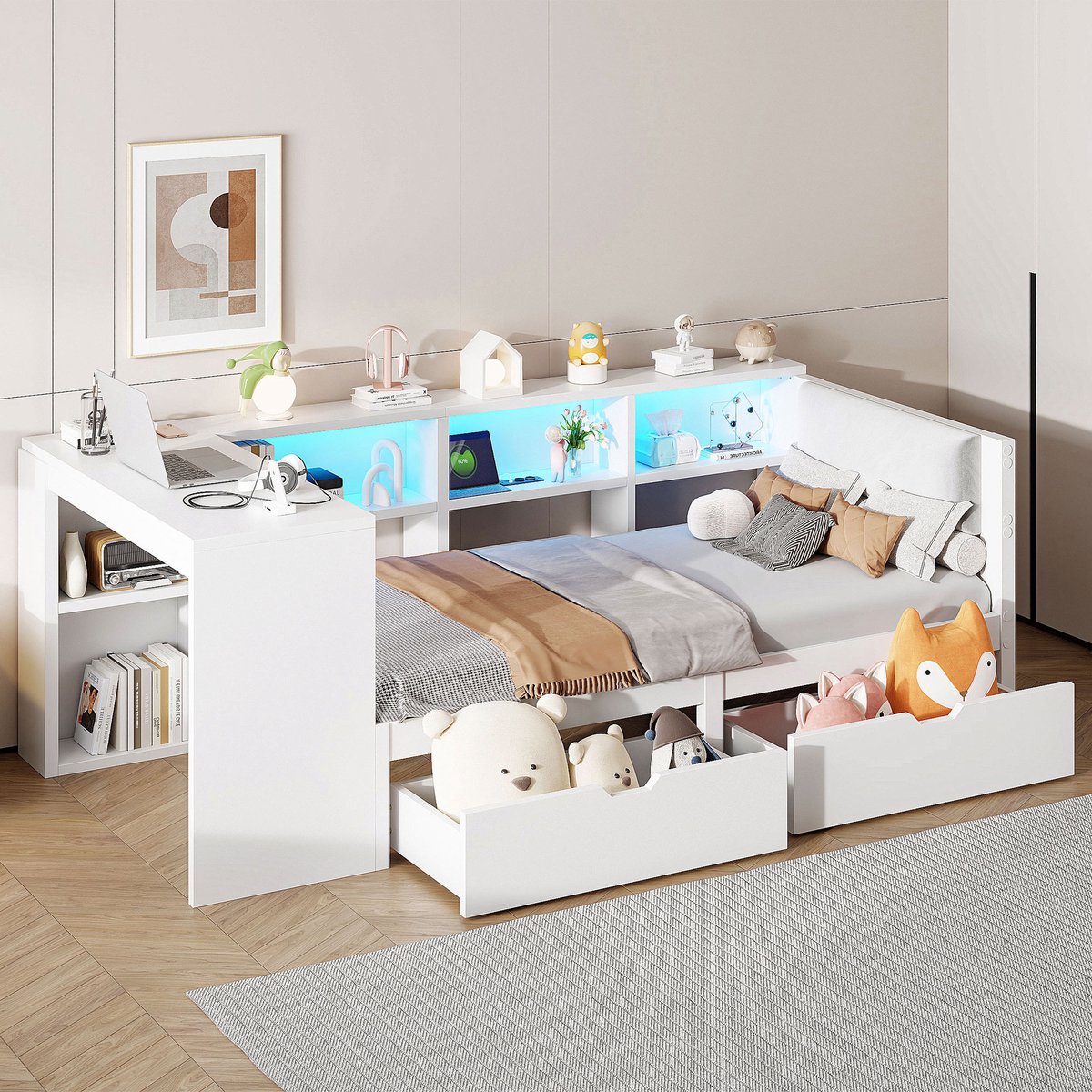 MODENUIT Platformbed 90x200 cm – Gestoffeerd Hoofdbord met USB en stopcontacten – 2 Laden en LED – Zonder matras – Wit