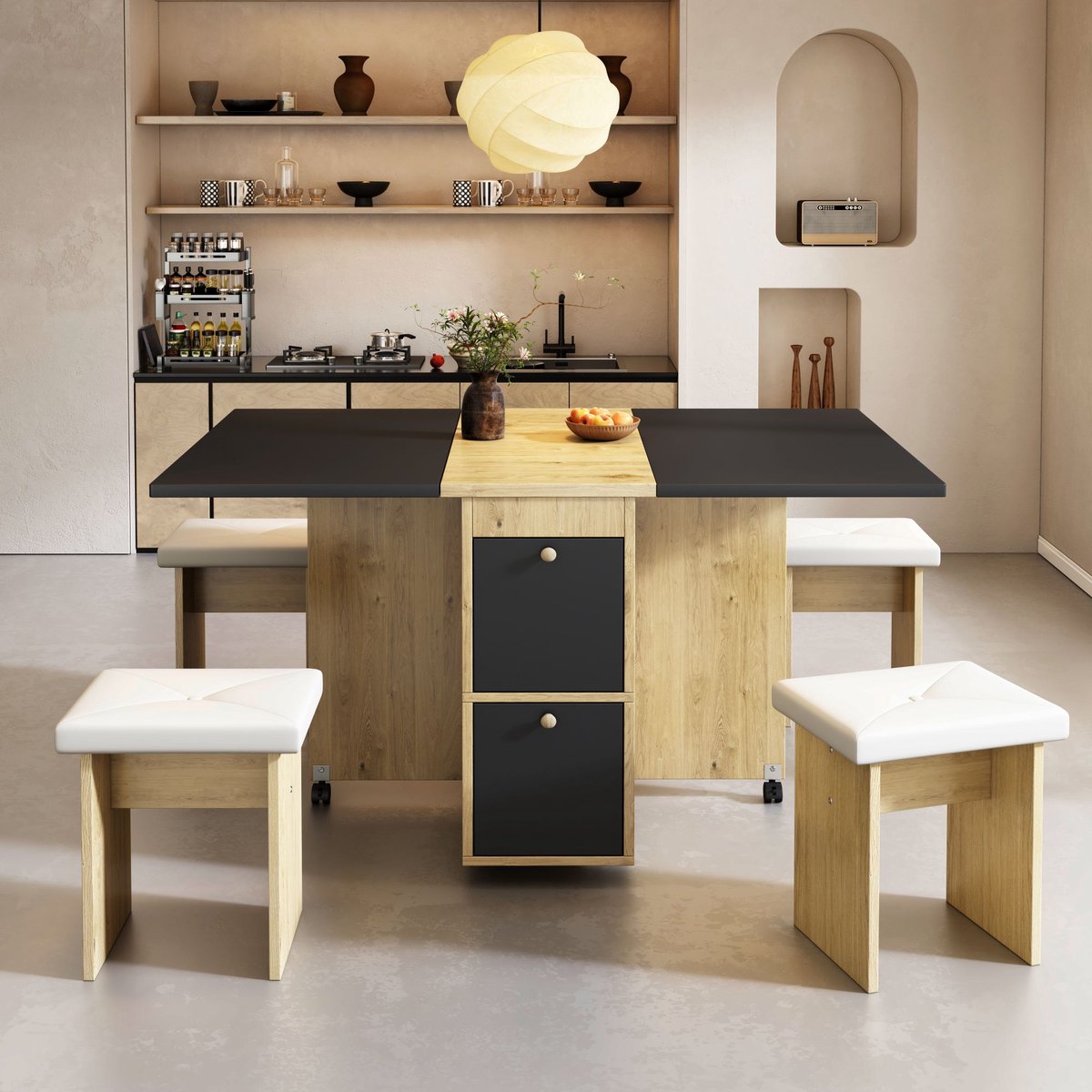 MODFU - Eettafelset - Inklapbaar En Inschuifbaar - Modern - Voor Eetkamer - Spaanplaat - Wit En Zwart