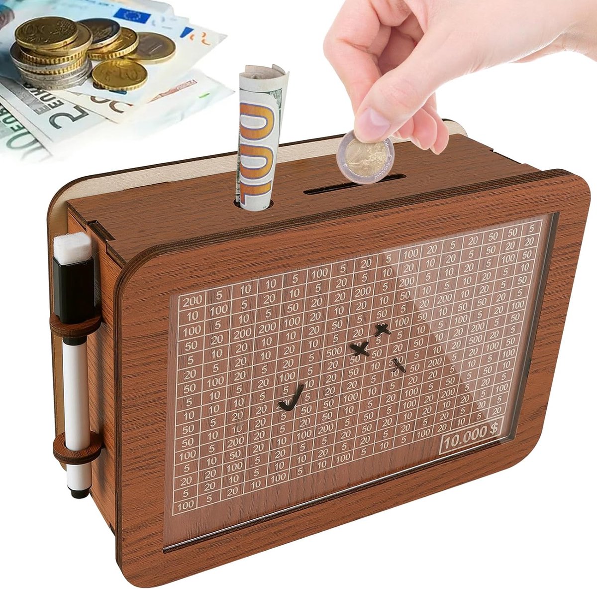 Houten spaardoos - Geldkistje spaardoel - Geld sparen - Met spaardoel teller - 10 x 7 x 5 inch - Bruin